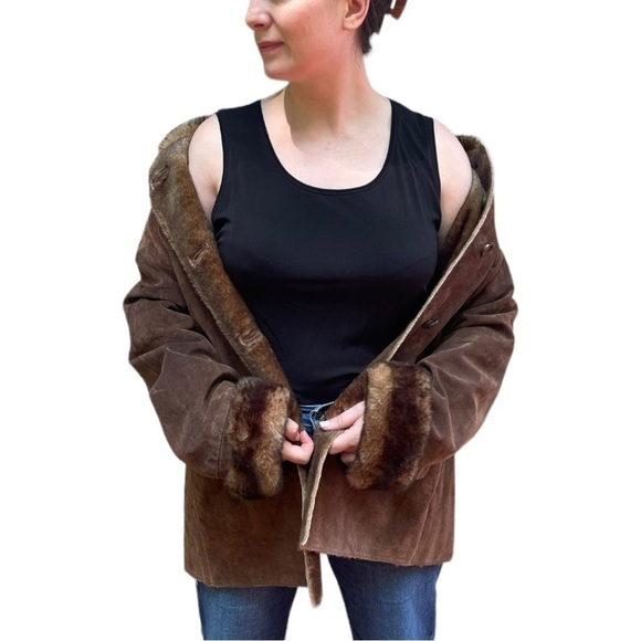 NEW YORK & CO PENNY LANE STYLE BROWN SUEDE LEATHER BUTTON DOWN FAUX FUR JACKET - Picture 2 of 14